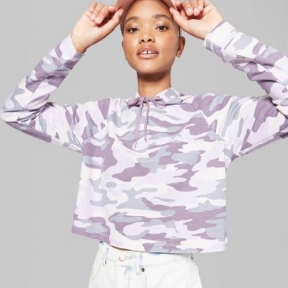 wild fable Tops - Purple Cropped Army Print / Camo Hoodie NWOT